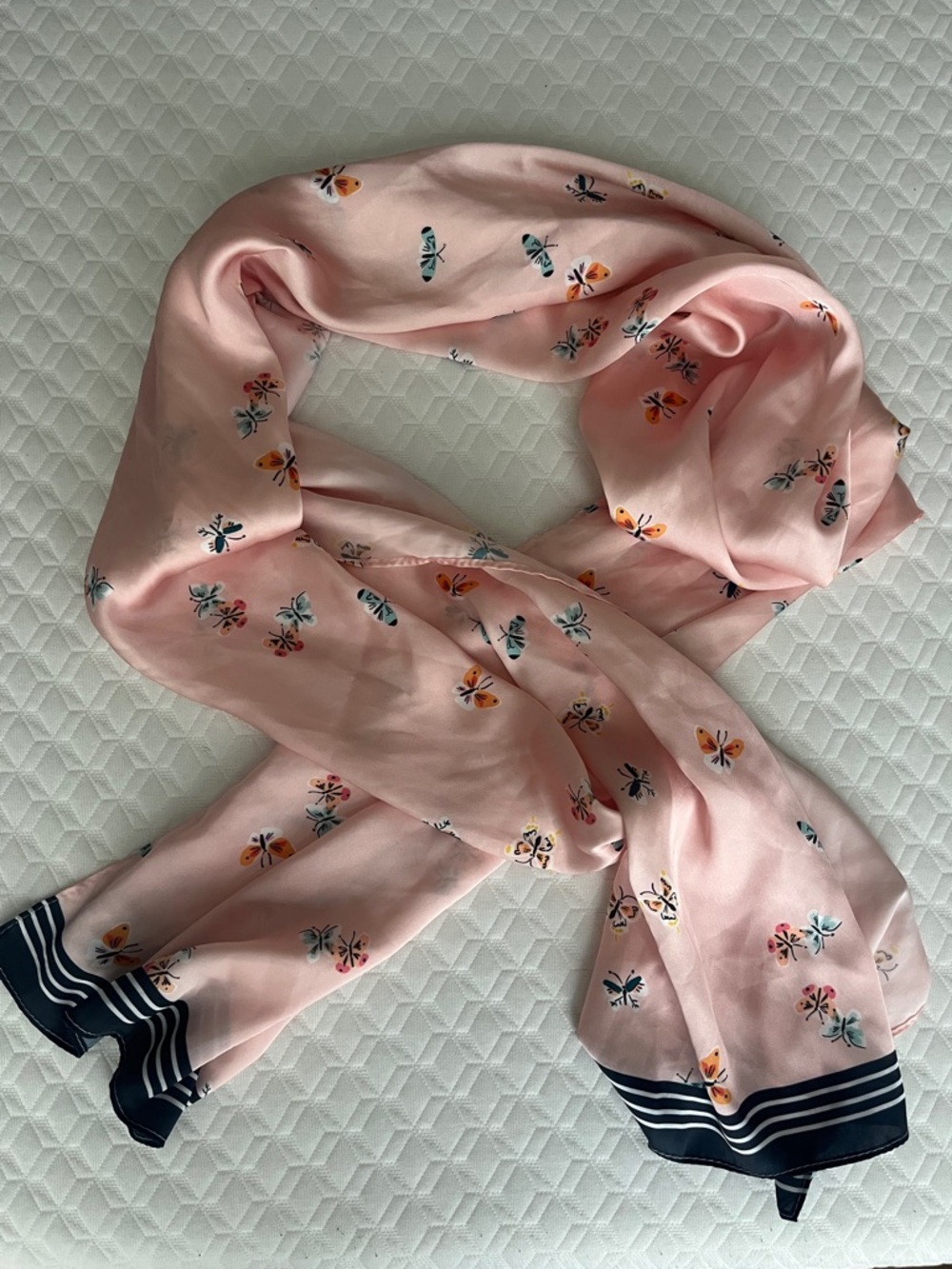 Pink Satin Butterfly Scarf with Navy Trim